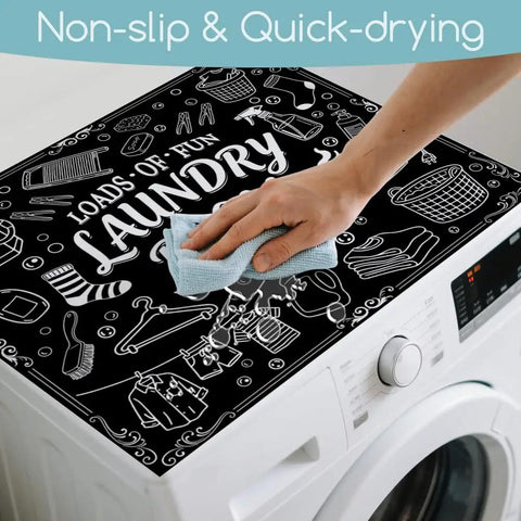Funny Black Laundry Room Top Dust Cover Pad for Washer and Dryer, shown on washer with hand wiping surface.