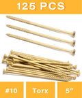Heavy Duty Ten By Five Inch Exterior Deck Screws In Tan Coated Carbon Steel Paired With T25 Torx Star Drive For Pressure Treated Lumber Badass Grip And Zero Cam Out Headaches 125 Pack on display.