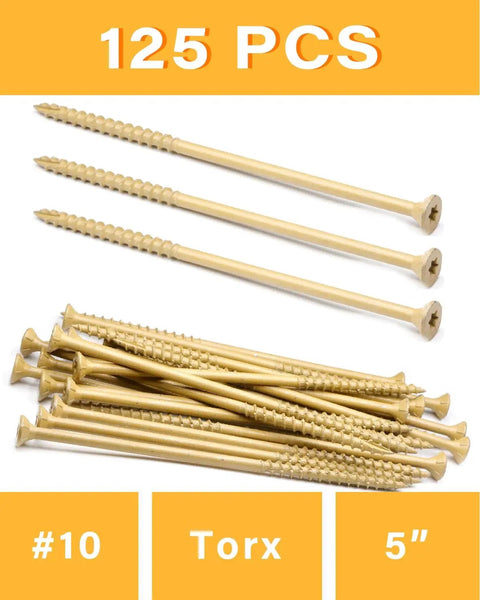 Heavy Duty Ten By Five Inch Exterior Deck Screws In Tan Coated Carbon Steel Paired With T25 Torx Star Drive For Pressure Treated Lumber Badass Grip And Zero Cam Out Headaches 125 Pack on display.