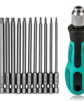 Torx Screwdriver Bit Set With Magnetic Quarter Inch Drive, 12 Pieces T6-T40, S2 Steel Hex Bits, ergonomic handle shown