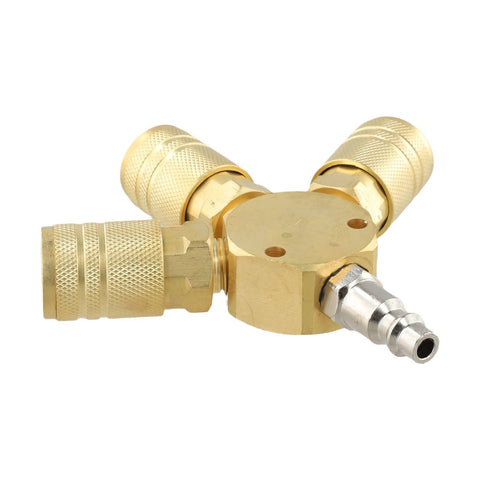 Three Way Brass Pneumatic Manifold With Quick Connect Brass Couplers For Seamless Air Lines In The Shop Or Garage Heavy Duty One Quarter Inch