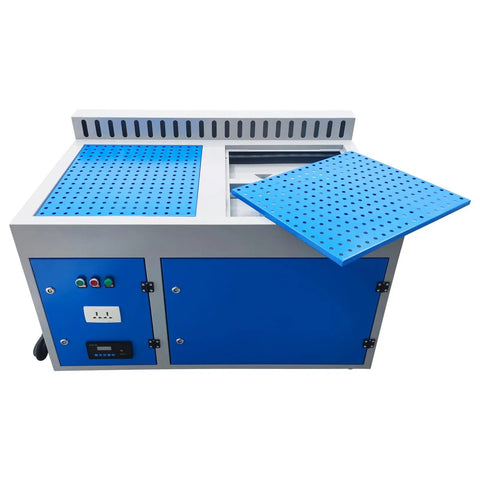 Heavy Duty Metalworking Downdraft Table Dust Collector With Side Suction For Shop Fine Dust Capture and Multi Stage Filtration, blue tabletop with perforations.