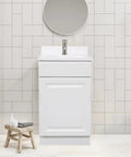 Unassembled White Bathroom Vanity Cabinet With One Door Frameless Design 18 By 16 Inches No Top Spacious Interior in powder room