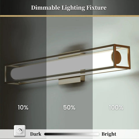 6000K Dimmable Vanity Light Bar For Bathroom showcasing brightness levels, 26 Inch Champagne Gold LED Mirror Fixture, wall mounted.