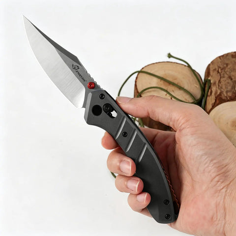 Premium Folding Pocket Knife With Top Shelf Dc53 Steel Blade and Rock Solid Aluminum Handle held in hand, ideal for camping and daily carry.