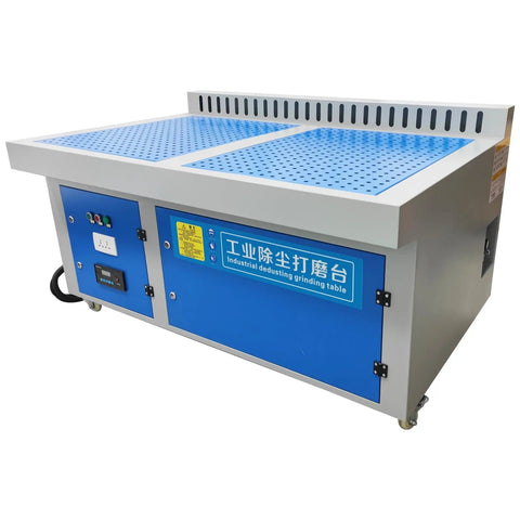 Metal Working Downdraft Dust Collector Vacuum With Side Suction Plate For Welding And Grinding 2 Dust Removal Drums Heavy Duty Workbench Dust Extraction System 3KW 220V Industrial Grade Cleanup For Metalworking Shop, blue steel table
