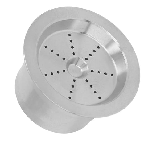 Premium Reusable Stainless Steel Coffee Filter Pods For Drip Machines Feature Convenient Screw Switch And Double Filtration shown from above with mesh screen holes.