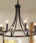 Wagon Wheel Farmhouse Chandelier With Six Lights, Black Round Pendant Light for Dining Room with wood grain finish and adjustable height