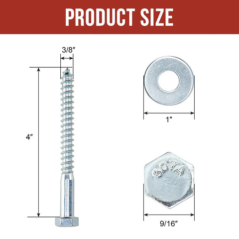 Beefy Heavy Duty Three Eighths Inch By Four Inch Lag Bolts 50 Pack With USS Flat Washers Zinc Plated Carbon Steel Hex Head Screws