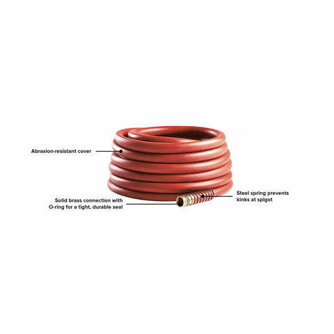 Heavy Duty Three Quarter Inch Water Hose 100 Foot, Workhorse Rubber and Vinyl with Rugged Red Cover, coil view