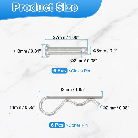 Durable 304 Stainless Steel Clevis Pin With R Clip And Spring Cotter Pin M5x25mm Single Hole Hairpin size chart.