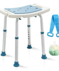 Shower Stool With Head Holder For Inside Shower And Tub, bath chair with adjustable height, aluminum legs, and bath accessories.