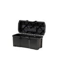 Open One Touch 24 Inch Tool Box with Water Seal, Soft Grip Handle, V Groove Lid, showing interior compartments.