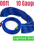 Badass 100 Foot Extension Cord With Glowing Lighted Ends Heavy Duty 10 Gauge Wire for outdoor use, showcasing blue cable and lighted ends.