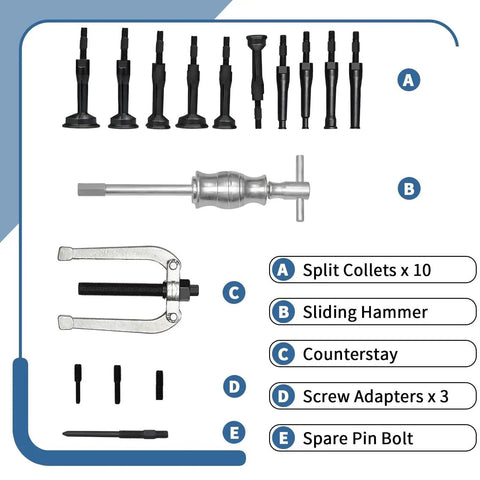 Badass Blind Hole Collet Bearing Race And Seal Puller Tool Kit In Rugged Waterproof Dustproof Toolbox Case With Secure Lock And Neat Layered Design Suited For Mechanics Requiring Durability Against Moisture And Wear During Projects Around Town, split collets, sliding hammer