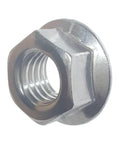 Premium 3/8-16 Zinc Plated Serrated Flange Hex Lock Nuts Heavy Duty Corrosion Resistant Wrench Drive close-up view.