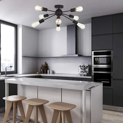 8 Light Black Sputnik Chandelier Modern Vintage Industrial Ceiling Pendant Lighting For Kitchen Dining Room Living Room Dimmable With Brass Sockets Sleek Showpiece That Elevates Your Space