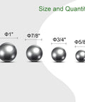 Four stainless steel bearing balls in sizes 1 in, 7/8 in, 3/4 in, and 5/8 in, arranged by size on gray background
