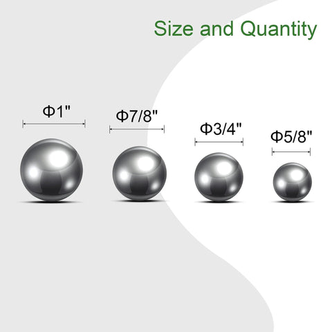 Four stainless steel bearing balls in sizes 1 in, 7/8 in, 3/4 in, and 5/8 in, arranged by size on gray background