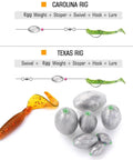 Removable Egg Lead Fishing Sinkers For Saltwater Angling, Drop Shot Oval Weights Set, shown with Carolina and Texas rig setups.