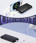 Slim Two Pack Portable Charger And 10000 Mah Power Bank For Travel with USB-C connections charging a smartphone and plugged in.