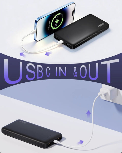 Slim Two Pack Portable Charger And 10000 Mah Power Bank For Travel with USB-C connections charging a smartphone and plugged in.
