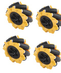 Mecanum wheels set: four yellow 80mm ABS rubber omni wheels with black hubs and white rollers.