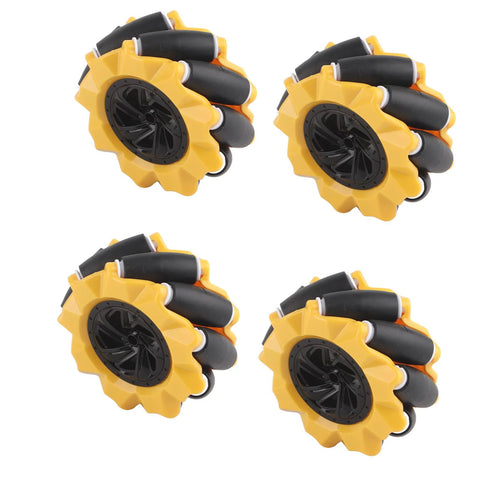 Four yellow Mecanum wheels with black rubber rollers, 80mm, for DIY robot car projects