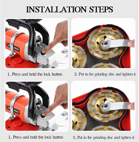 Installation steps for Heavy Duty Electric Concrete Grinder With Variable Speed Control and Side Handle showing disc tightening process.