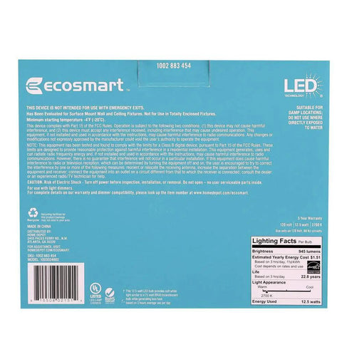Packaging of 75W Equivalent BR40 Dimmable LED Light Bulb Soft White 2-Pack, shows energy details and suitability info
