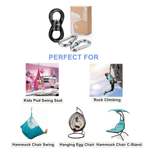 Beefy Black Swing Swivel With 360 Degree Rotation, Industrial Grade Hanging Accessory shown with swing, climbing use examples