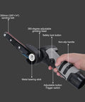 Heavy Duty Mini Belt Sander And Angle Grinder Tool Featuring Variable Speed Motor For Smoothing Wood Metal Pipes And Plastic with adjustable grinding head and non-slip handle.