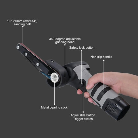 Heavy Duty Mini Belt Sander And Angle Grinder Tool Featuring Variable Speed Motor For Smoothing Wood Metal Pipes And Plastic with adjustable grinding head and non-slip handle.