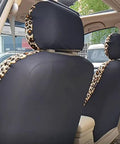 Leopard Cheetah Print Car Seat Covers Full Set With Steering Wheel Cover And Two Seat Belt Pads Universal Fit For Cars SUVs Trucks.