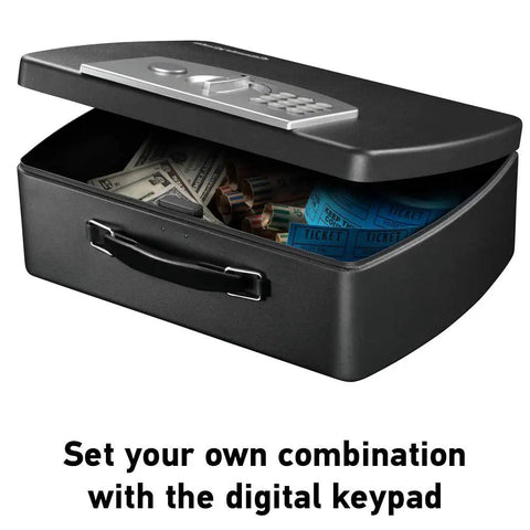 Compact Digital Keypad Safe Box Portable Steel Travel Safe with handle showing open lid containing money and tickets