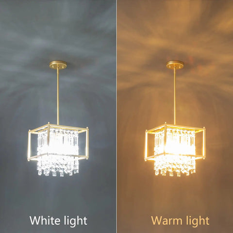 Modern Foyer Chandelier With Black Crystal And Square Metal Frame showcased in white and warm light