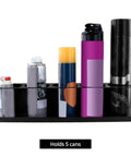 Heavy-Duty Aerosol Can Holder Rack Organizer, Steel Powder-Coated, Holds 20 Cans, Four Pack, showing front view holding 5 cans