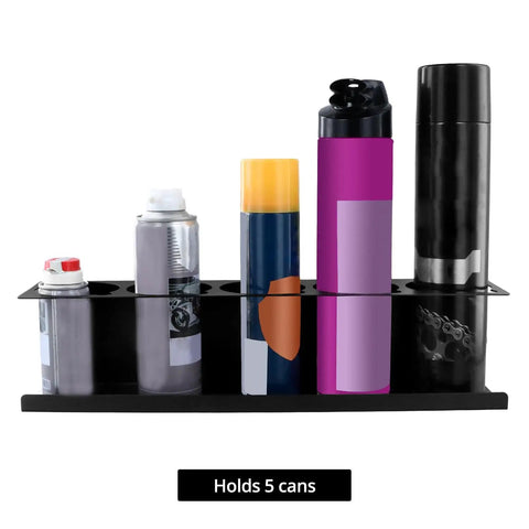 Heavy-Duty Aerosol Can Holder Rack Organizer, Steel Powder-Coated, Holds 20 Cans, Four Pack, showing front view holding 5 cans