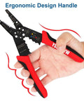 8 Inch Third Generation Pro Grade Wire Stripping And Crimping Tool With 5 In 1 Functionality held in hand showing ergonomic grip