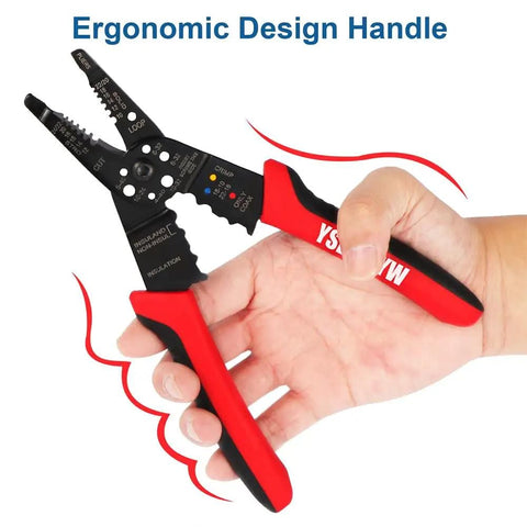 8 Inch Third Generation Pro Grade Wire Stripping And Crimping Tool With 5 In 1 Functionality held in hand showing ergonomic grip