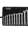 Metric Combination Wrench Set 11-Piece With Pouch, arrayed wrenches showing 15-degree offset open and box ends for tight spaces.