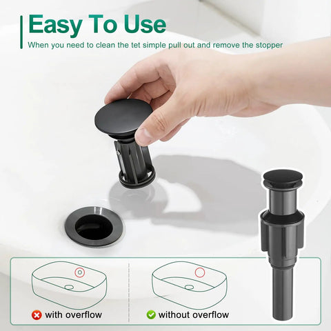 Chrome Vessel Sink Faucet Tall Modern Design With Single Handle One Hole Mount For Vanity Lavatory RV Bathroom, drain stopper detail
