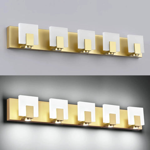 Dimmable Modern Bathroom Vanity Light Over Mirror In Golden Finish LED 5 Light Bar Fixture Slim Angled Design for powder room