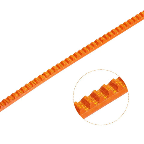 Close-up of MB 350 Motor Drive V Belt For Sewing Machines, 350mm circumference, 6mm width, 4mm height, orange polyurethane material