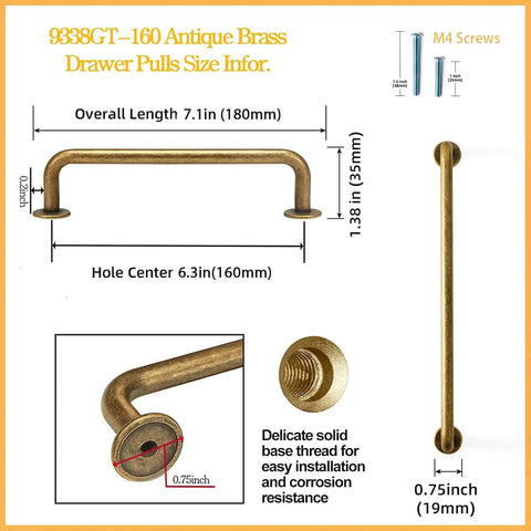 Six Pack Antique Brass Cabinet Pulls and Drawer Handles, Six Point Three Inch Center To Center, Vintage Bronze Zinc Alloy Bar Pulls dimensions and features.
