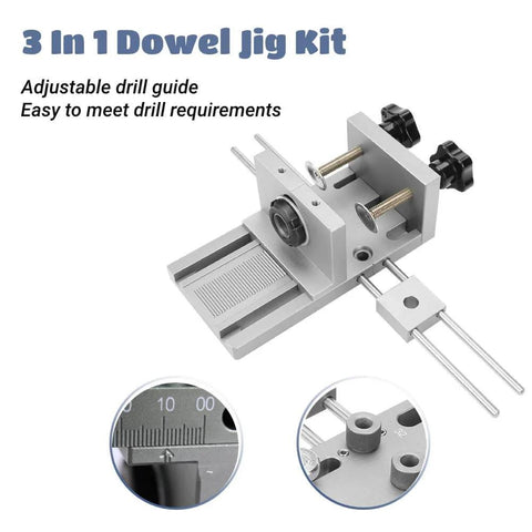 Three In One Dowel Jig Kit with self centering dowel jig, drill locator, and adjustable drill, premium tool steel construction.