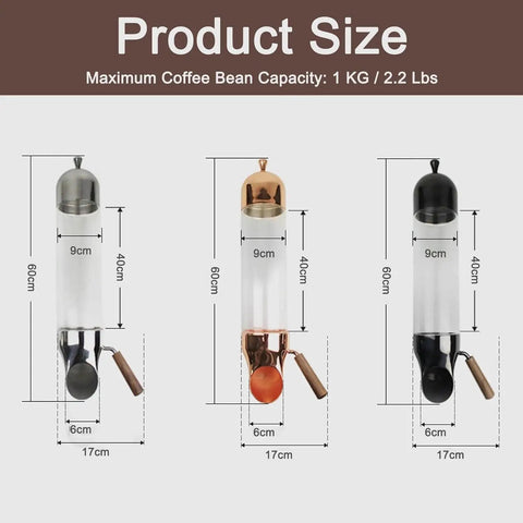Wall Mounted Stainless Steel Coffee And Cereal Dispenser With Thick Glass Tube Adjustable Portion Control displaying size specifications in three colors.