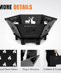 Collapsible 23 Inch Wood Burning Fire Pit For Camping And Patio, foldable bonfire pit with deer design and tote bag details