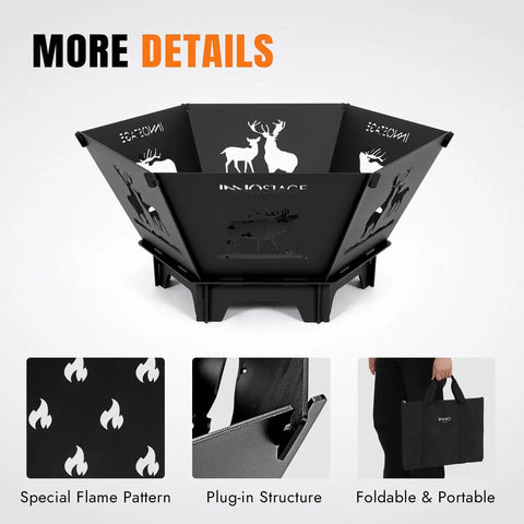Collapsible 23 Inch Wood Burning Fire Pit For Camping And Patio, foldable bonfire pit with deer design and tote bag details