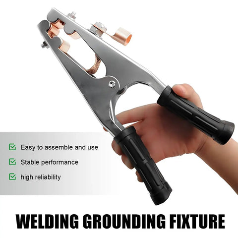 Welding Ground Clamp With Electroplated Copper For Superior Conductivity shown in hand for MIG TIG Arc welding usage.